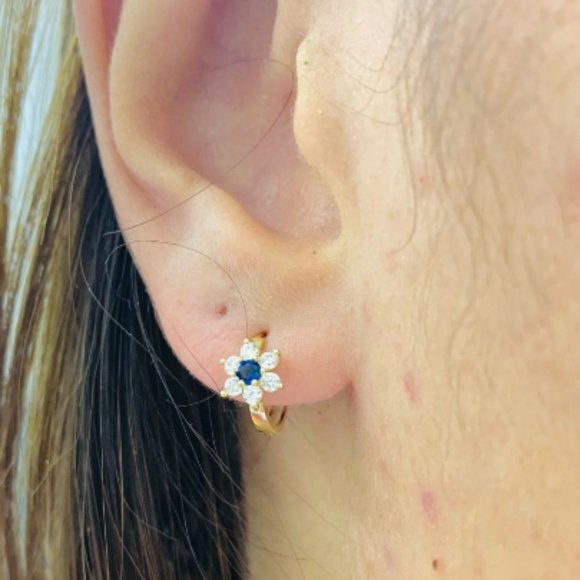 14K Yellow Gold Flowers Huggies Hoop Earrings Birthstones 11x13mm for Baby Girls - Picture 2 of 16